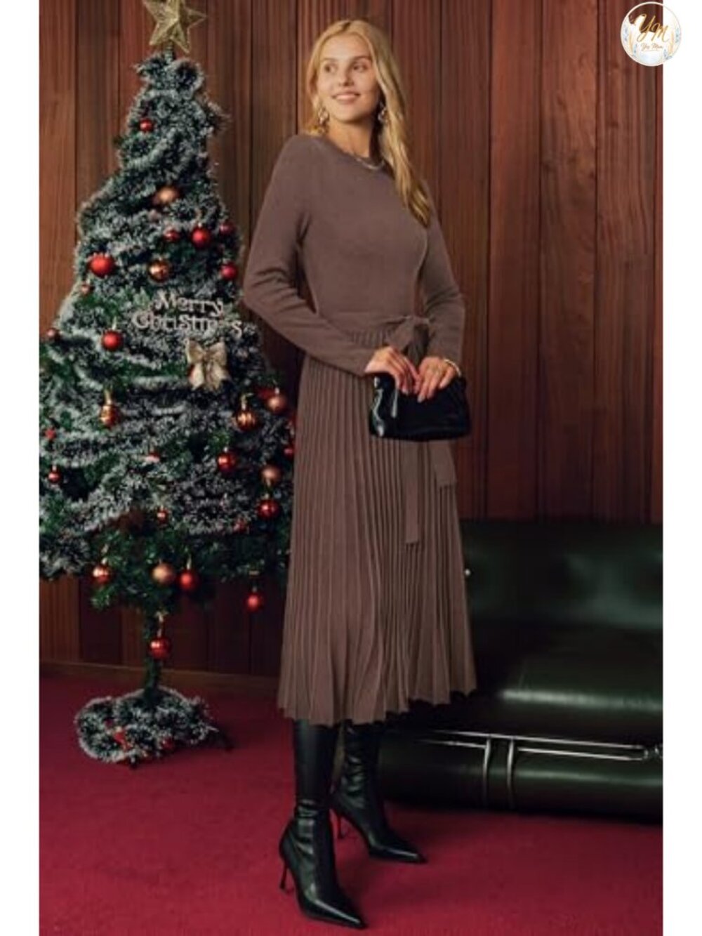 Wool Blend Mock Neck Pleated Sweater Dress Long Sleeve Business Casual - Picture 3 of 6